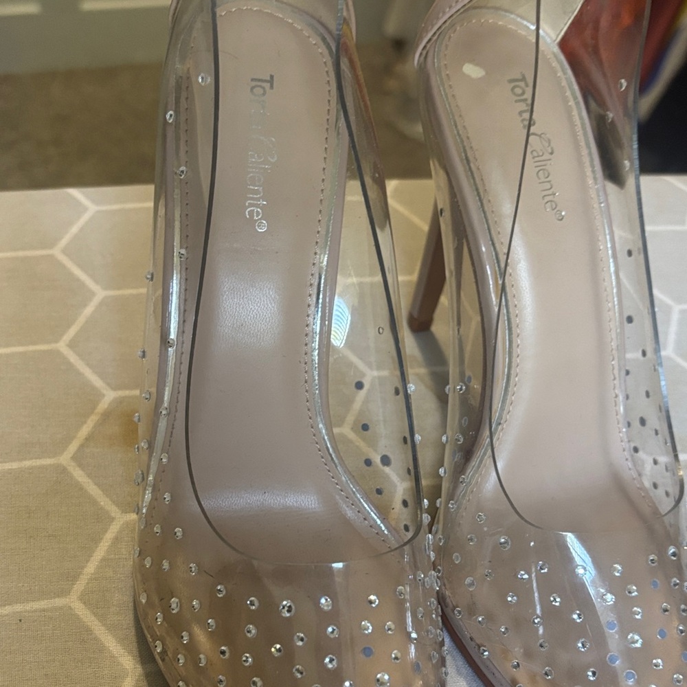 Tony Bianco Clear and Beige Heels with Rhinestone Details $40